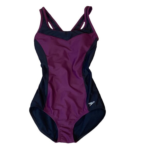Speedo 1-Piece Swimsuit Keyhole Racerback Moderate Cut S/M Black & Purple 276F - Picture 2 of 13